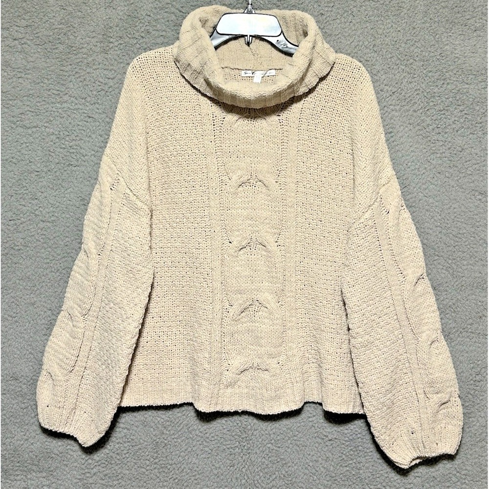 Seven7 Size L Chenille‎ Sweater Beige Ivory Soft Cowl Neck Chunky Textured